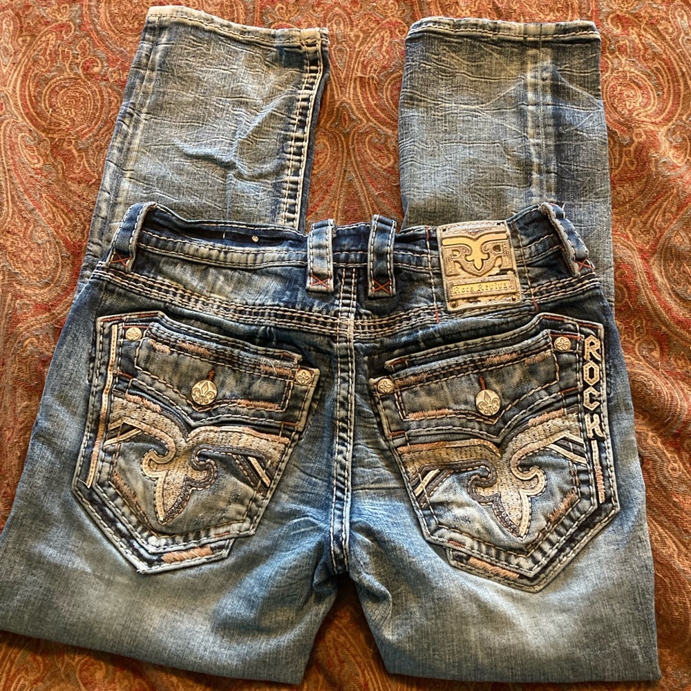 Rock Revival Men's Faded Blue Embroidered Straight Jeans